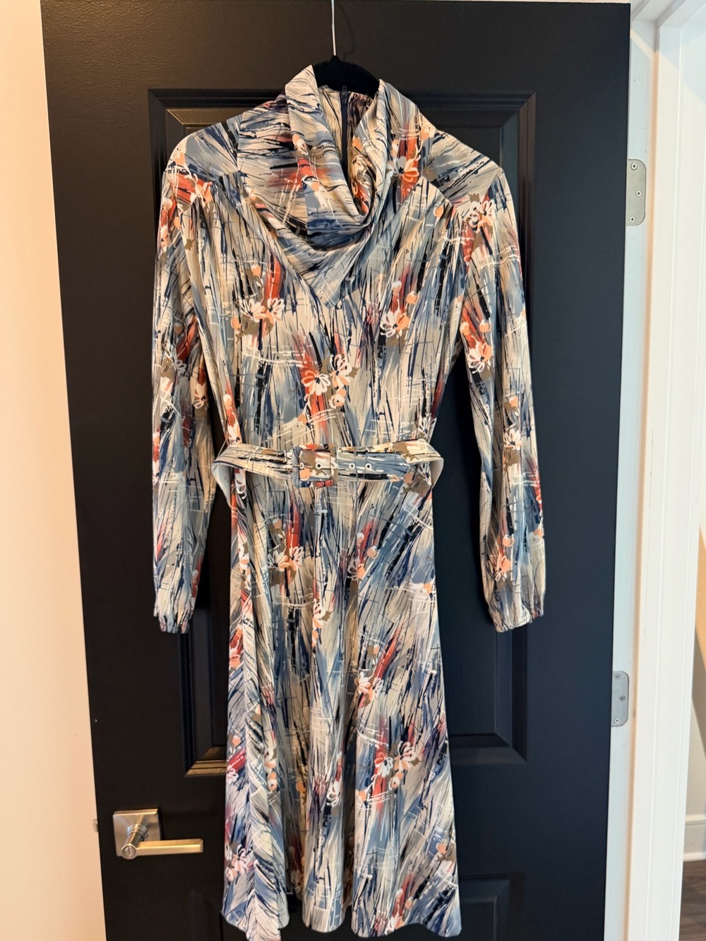 Vintage Georgee, Made in USA Floral Brushstroke Cowl Neck Midi Dress w/Belt